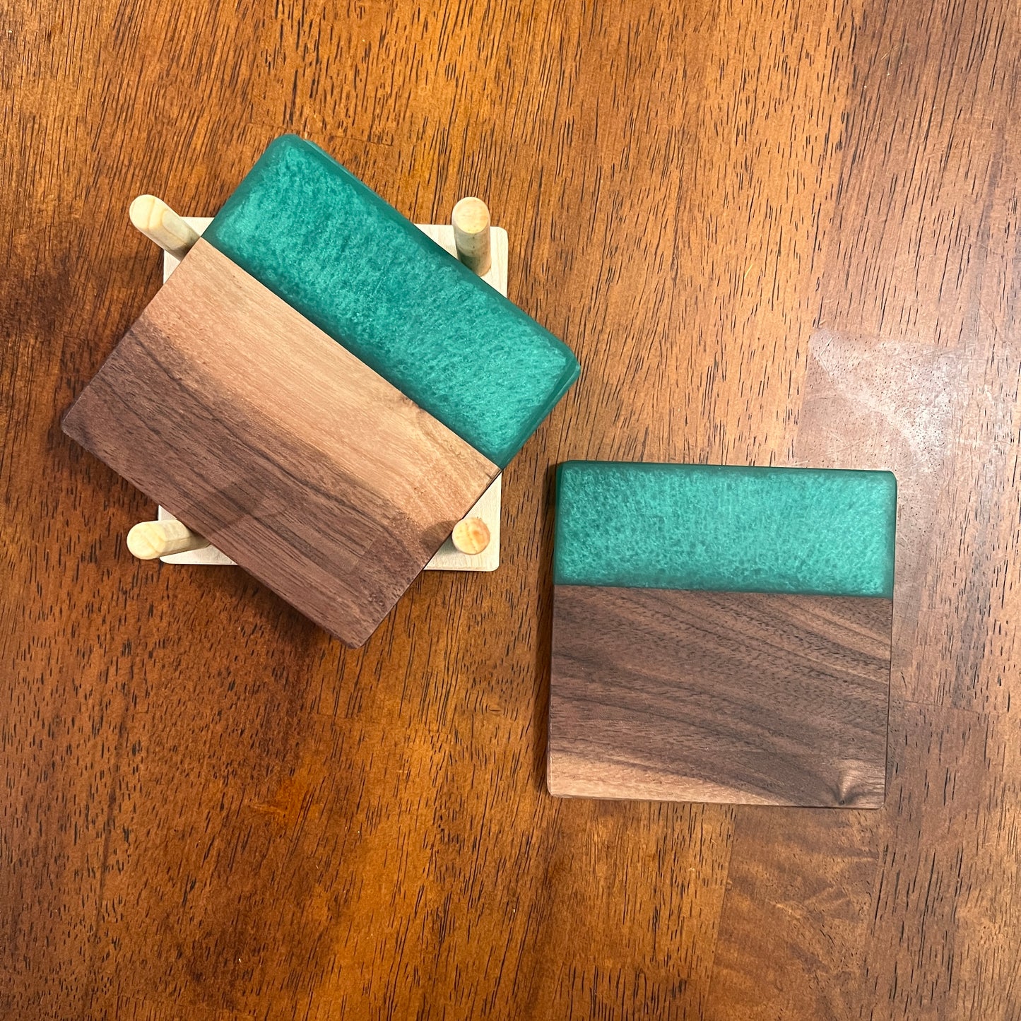 4 Piece Wood and Resin Coaster Set with holder