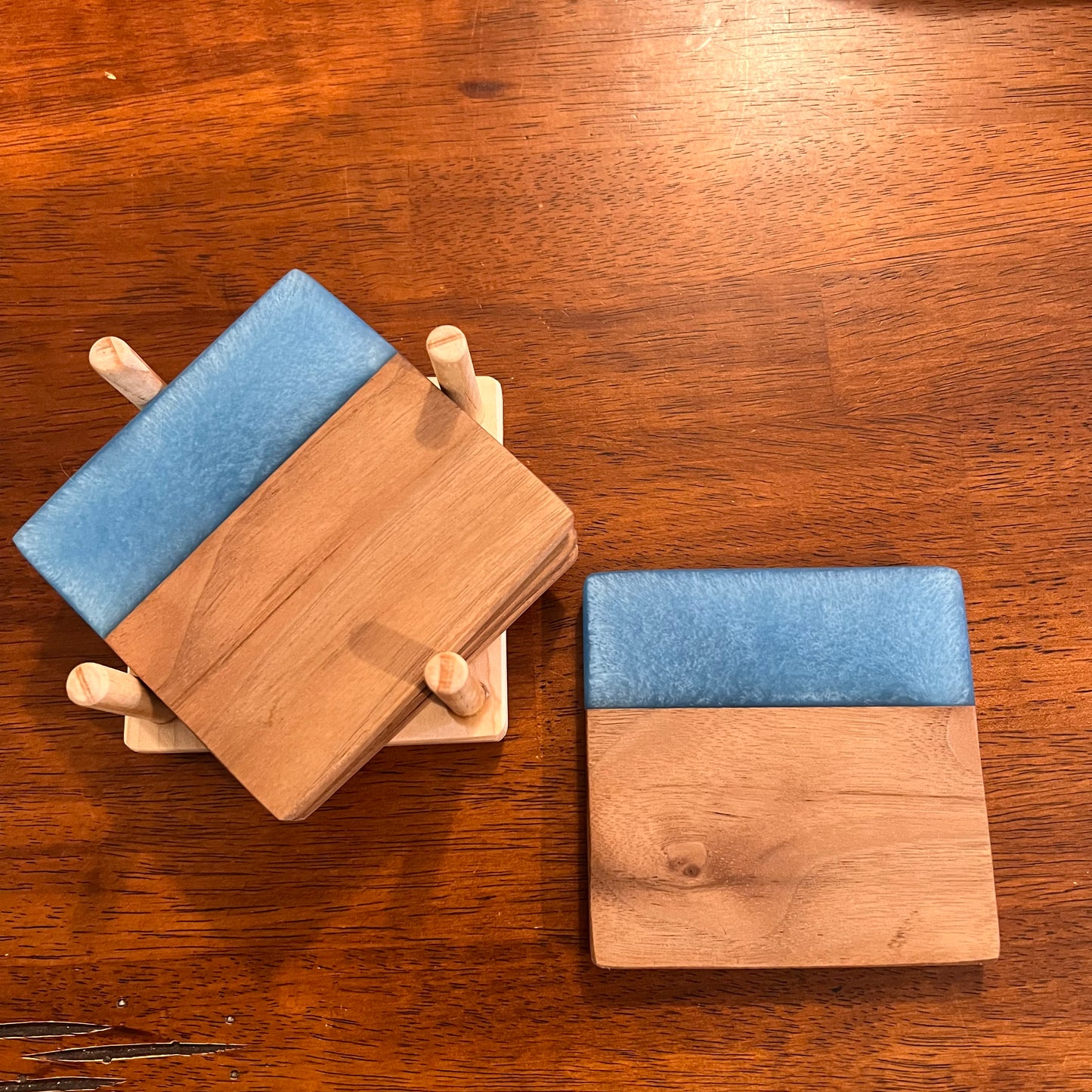 4 Piece Wood and Resin Coaster Set with holder