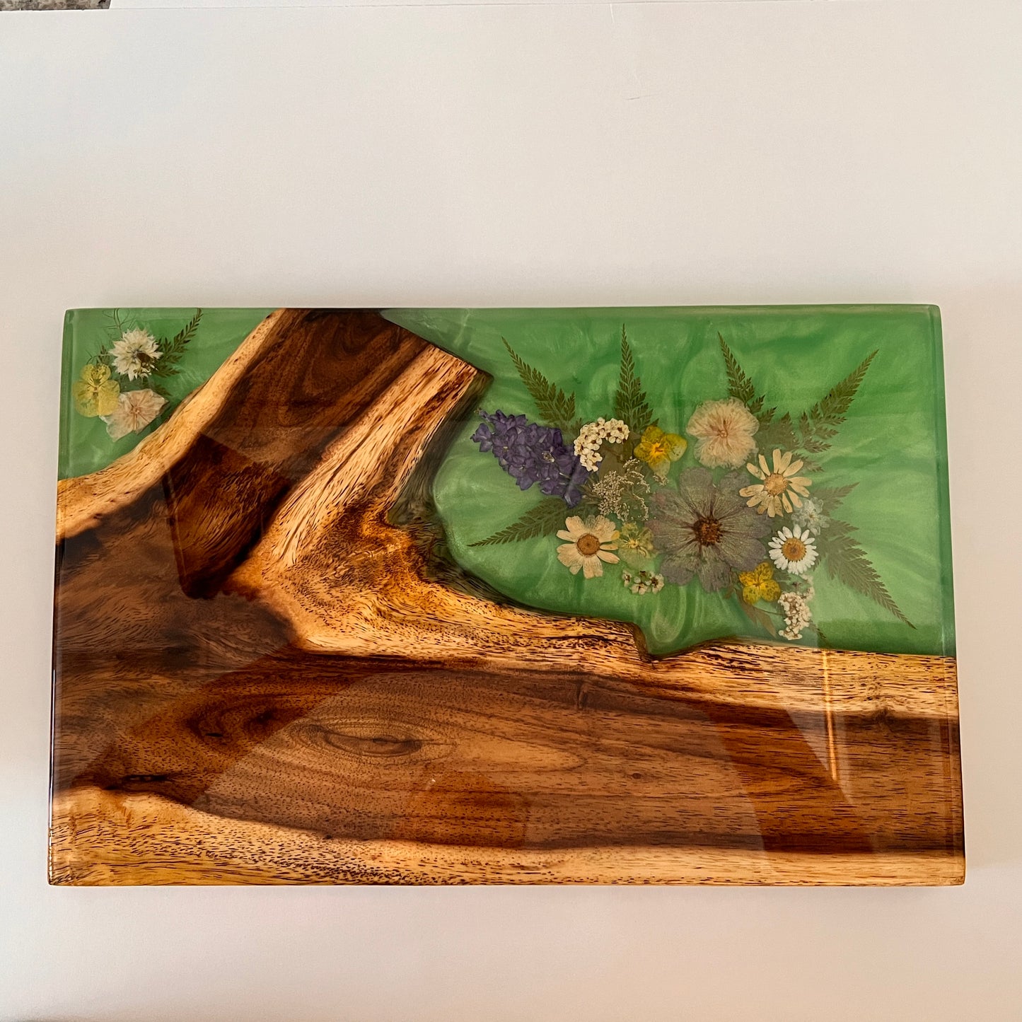 Koa, Green Resin, and Dried Flowers Charcuterie Board