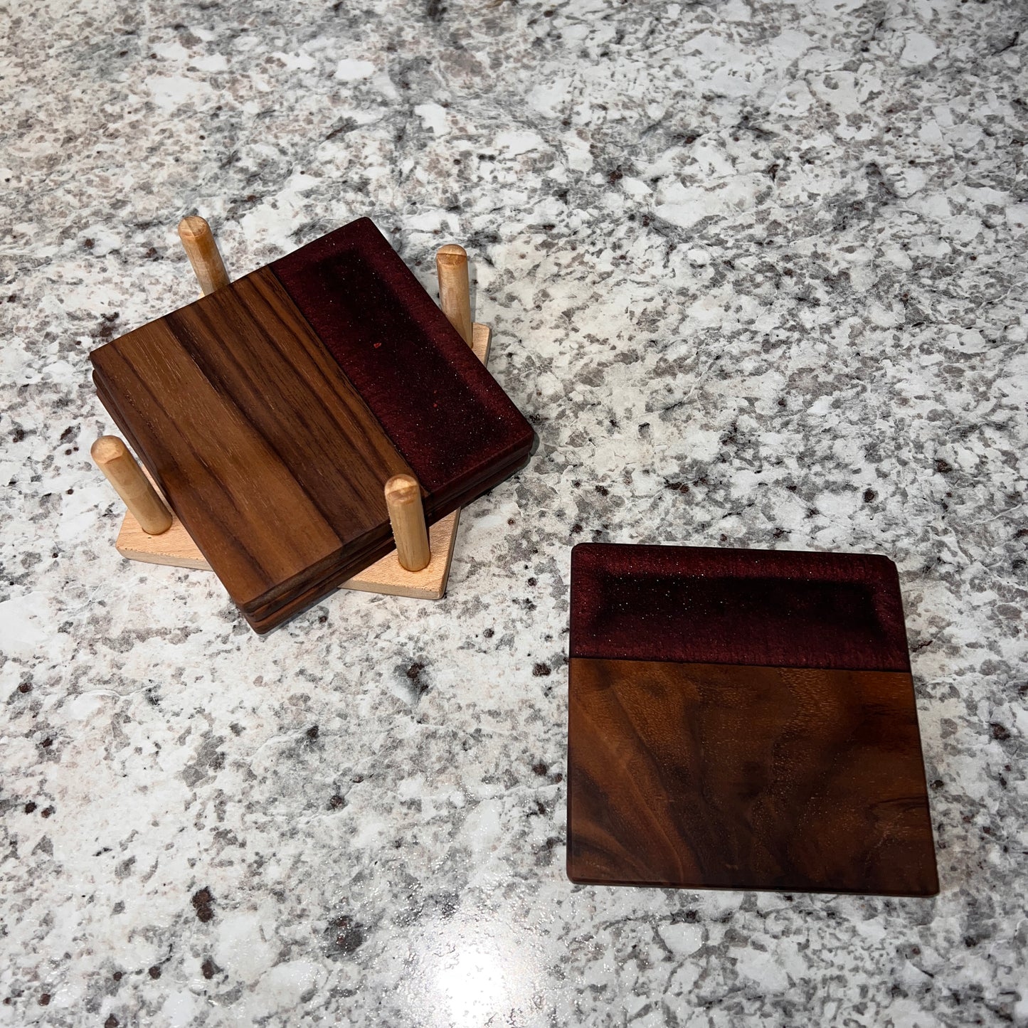 4 Piece Wood and Resin Coaster Set with holder