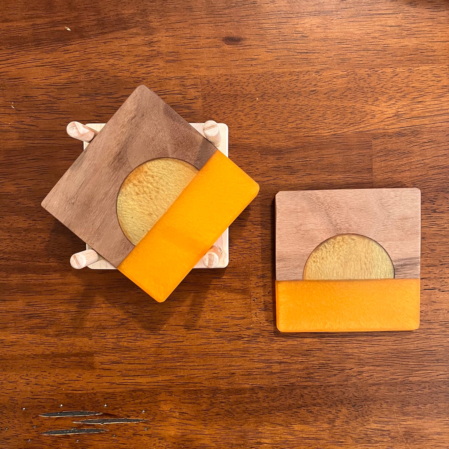 4 Piece Wood and Resin Coaster Set with holder