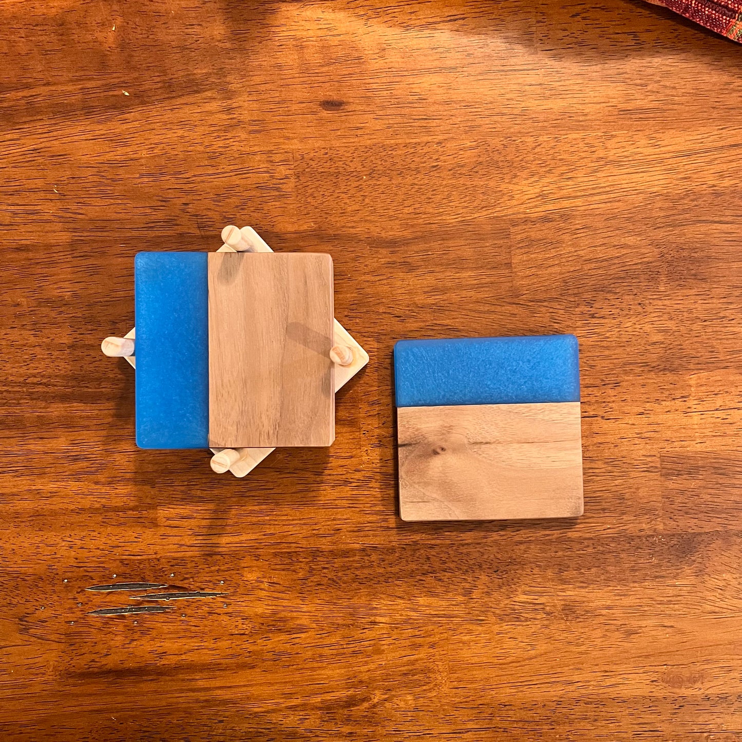 4 Piece Wood and Resin Coaster Set with holder