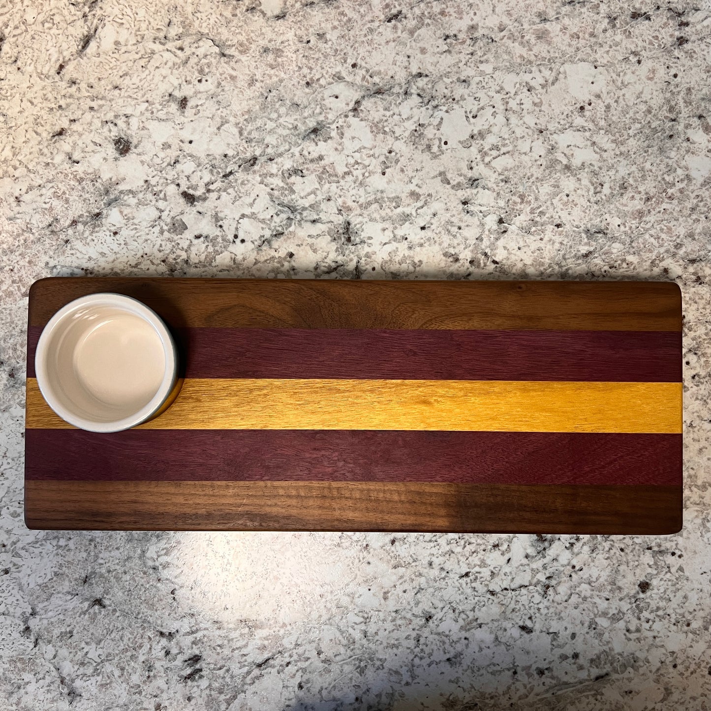 STR4 Walnut, Purple Heart, and Yellow Heart Maple Charcuterie Board with Ceramic Ramekin