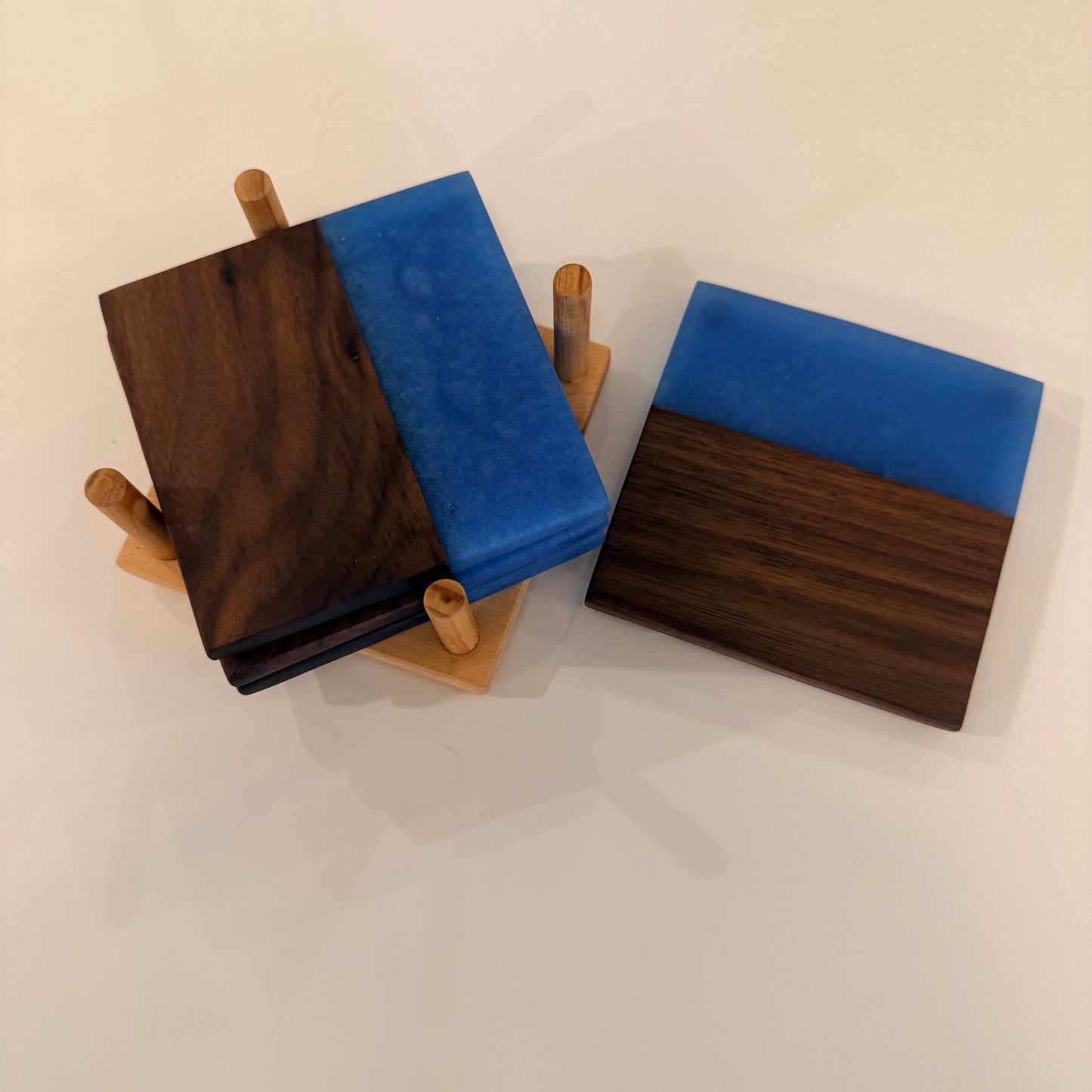 4 Piece Wood and Resin Coaster Set with holder
