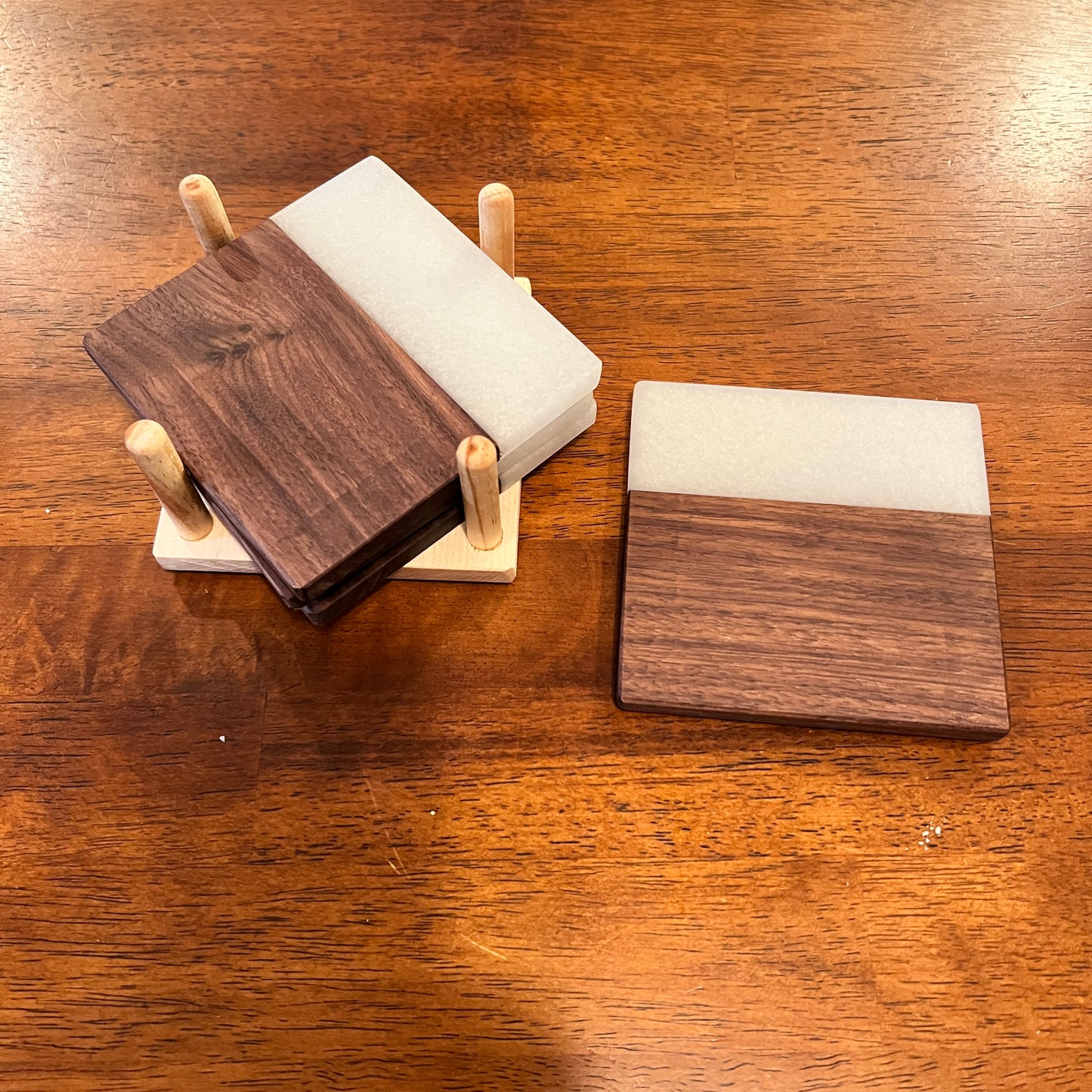 4 Piece Wood and Resin Coaster Set with holder