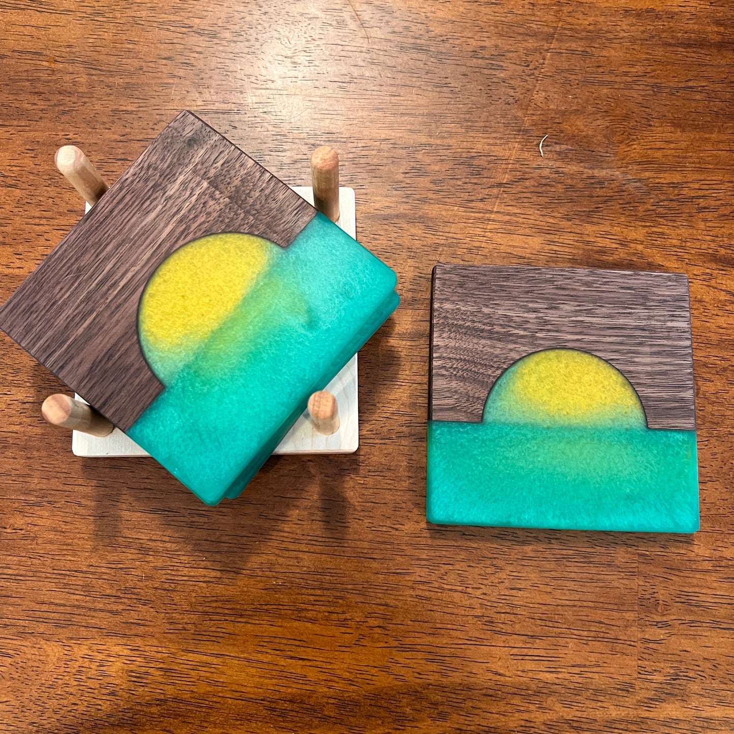 4 Piece Wood and Resin Coaster Set with holder