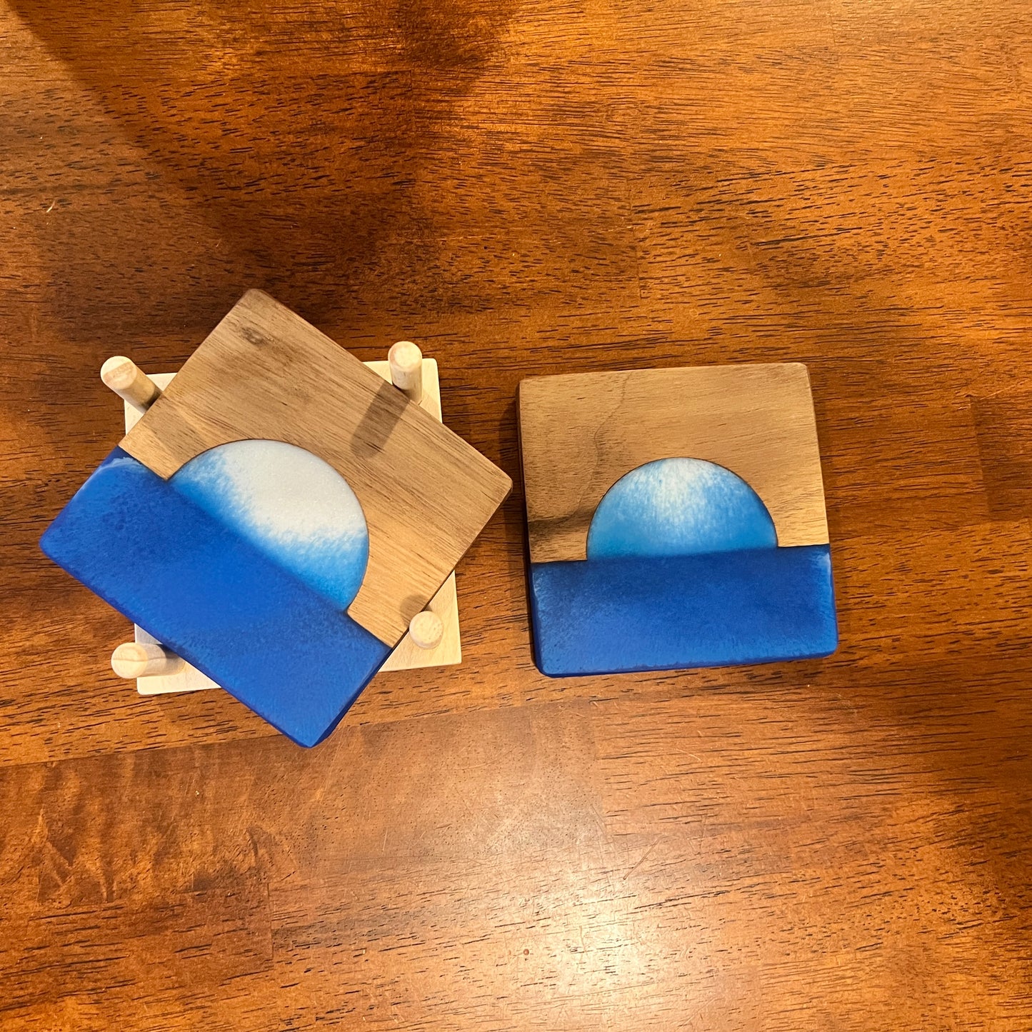4 Piece Wood and Resin Coaster Set with holder