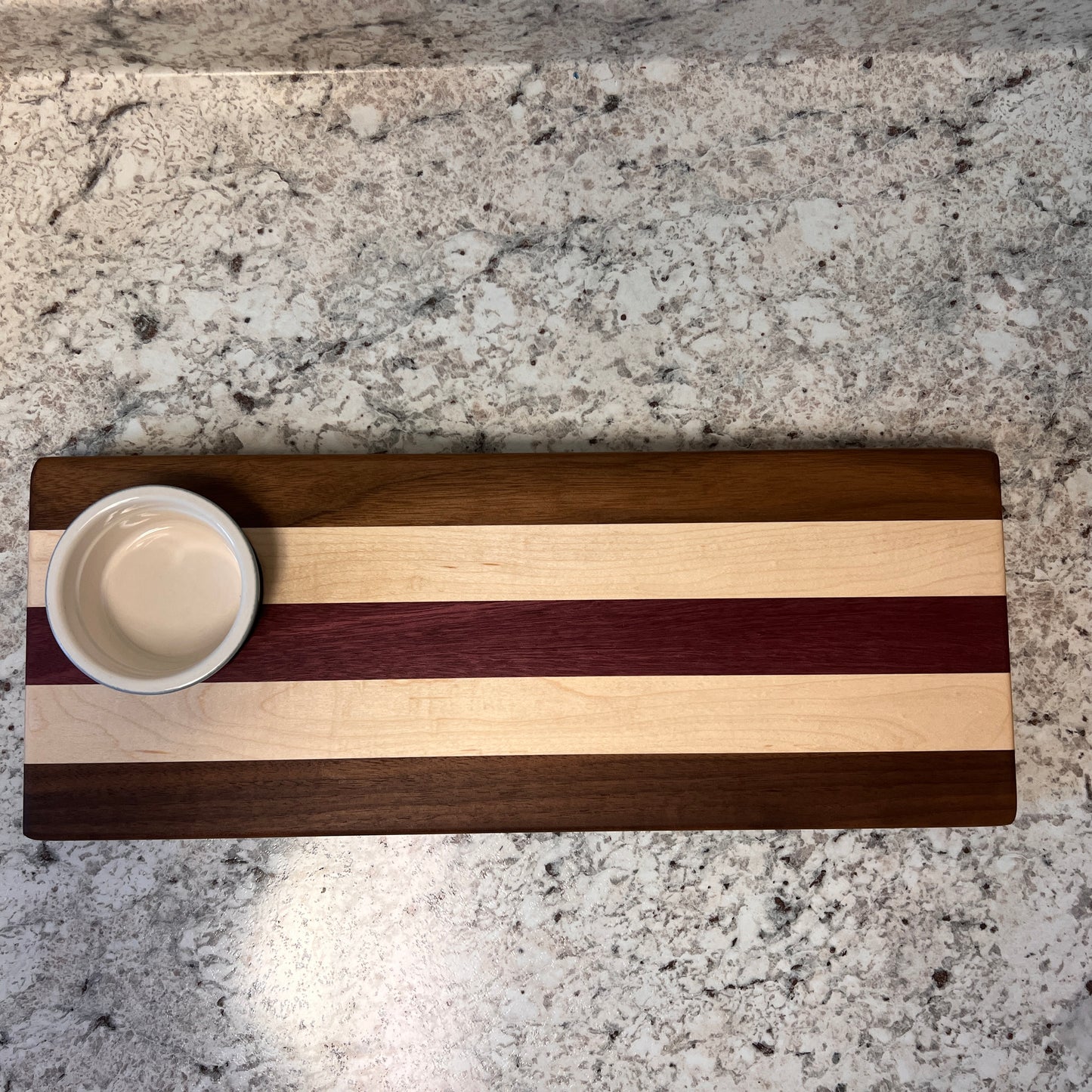 STR5 Walnut, Maple, Purple Heart Charcuterie Board with Ceramic Ramekin