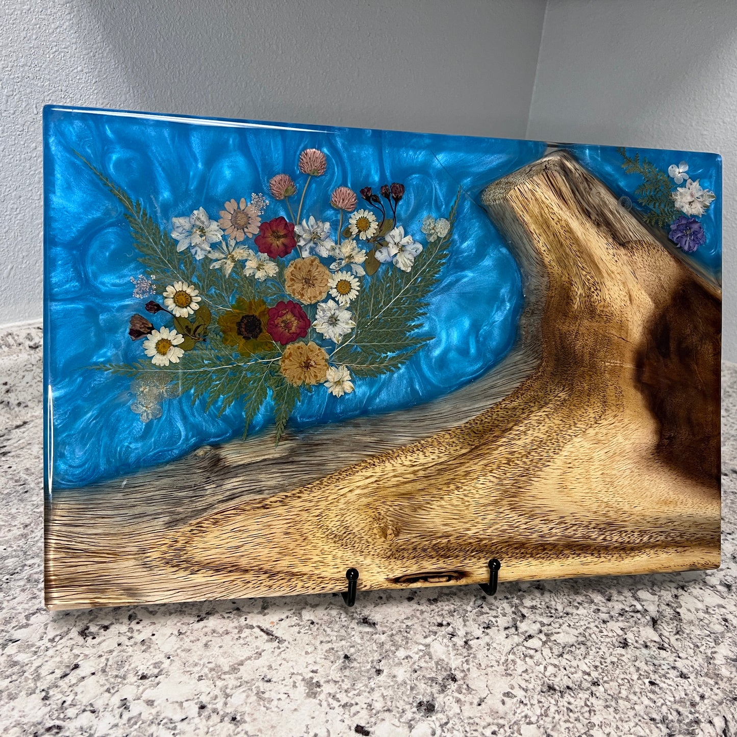Koa, Blue Resin, and Dried Flowers Charcuterie Board