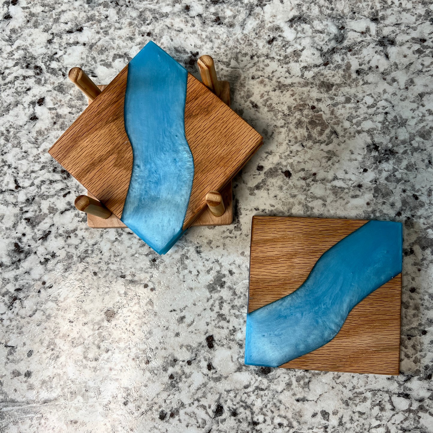 4 Piece Wood and Resin Coaster Set with holder