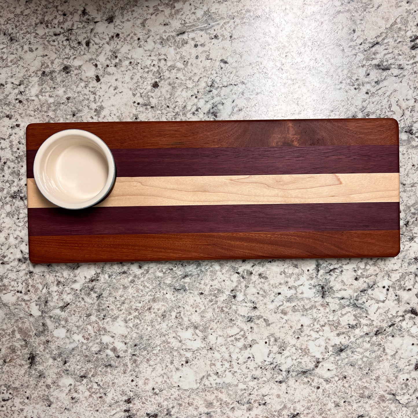 STR1 Mahogany, Purple Heart, and Maple Charcuterie Board with Ceramic Ramekin
