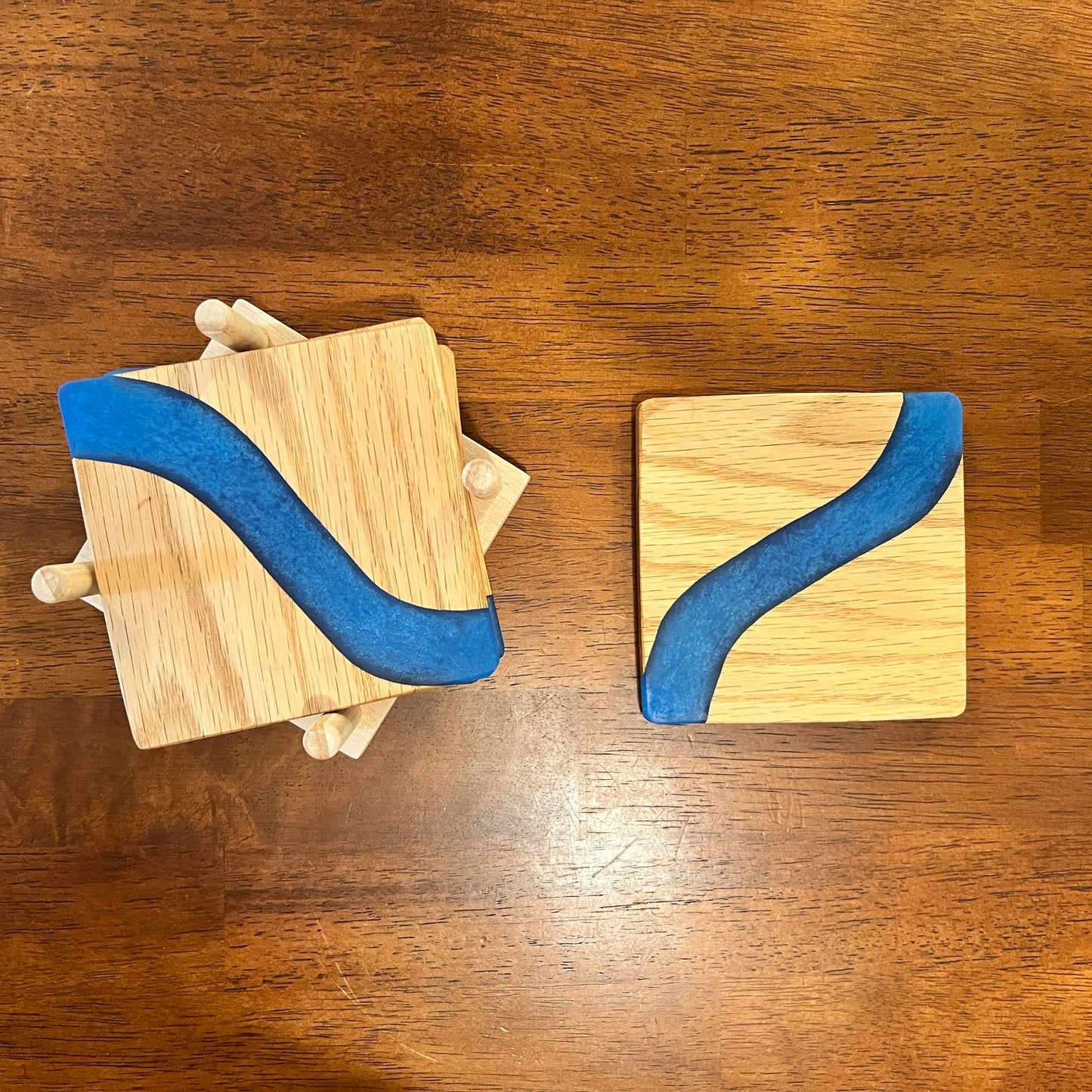 4 Piece Wood and Resin Coaster Set with holder