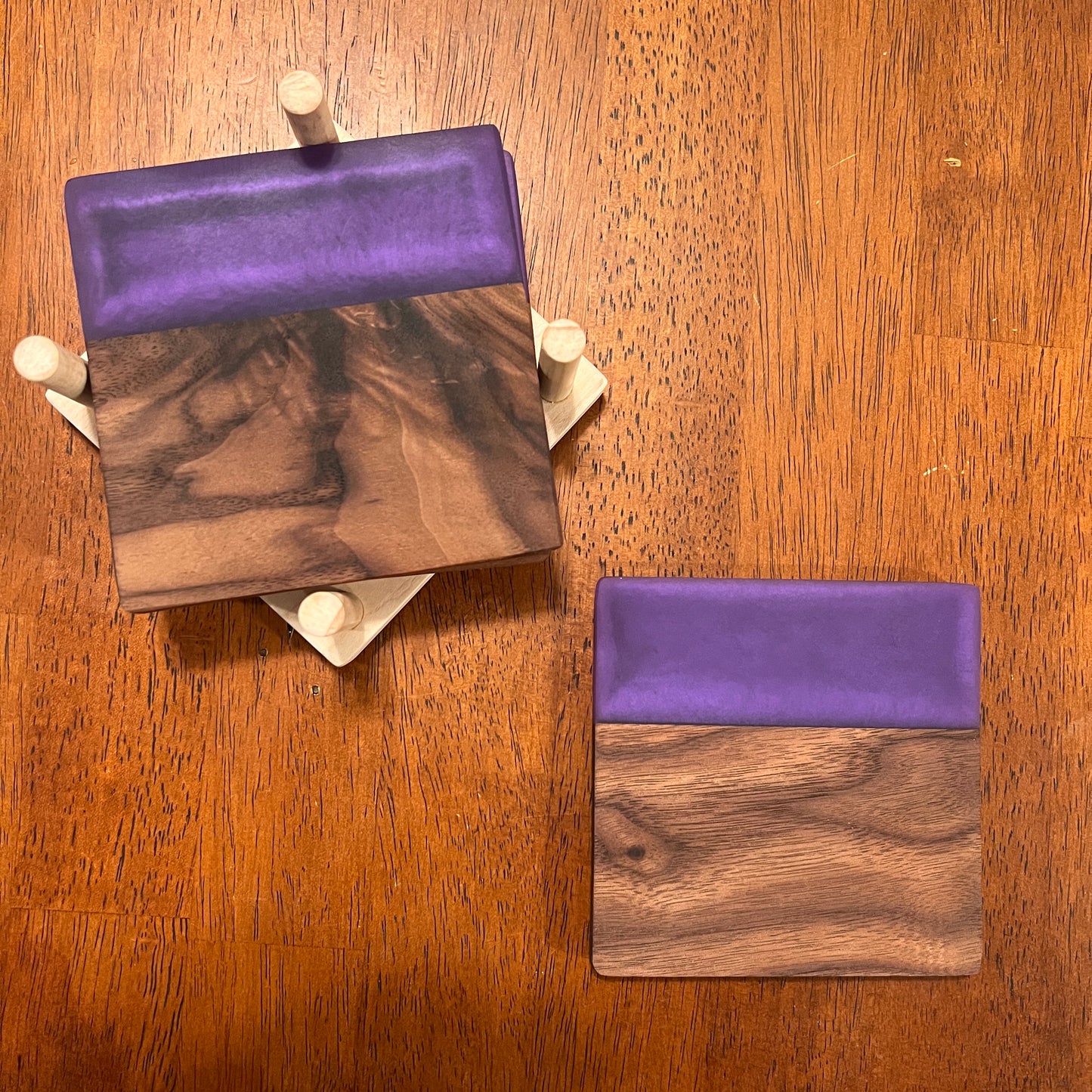 4 Piece Wood and Resin Coaster Set with holder