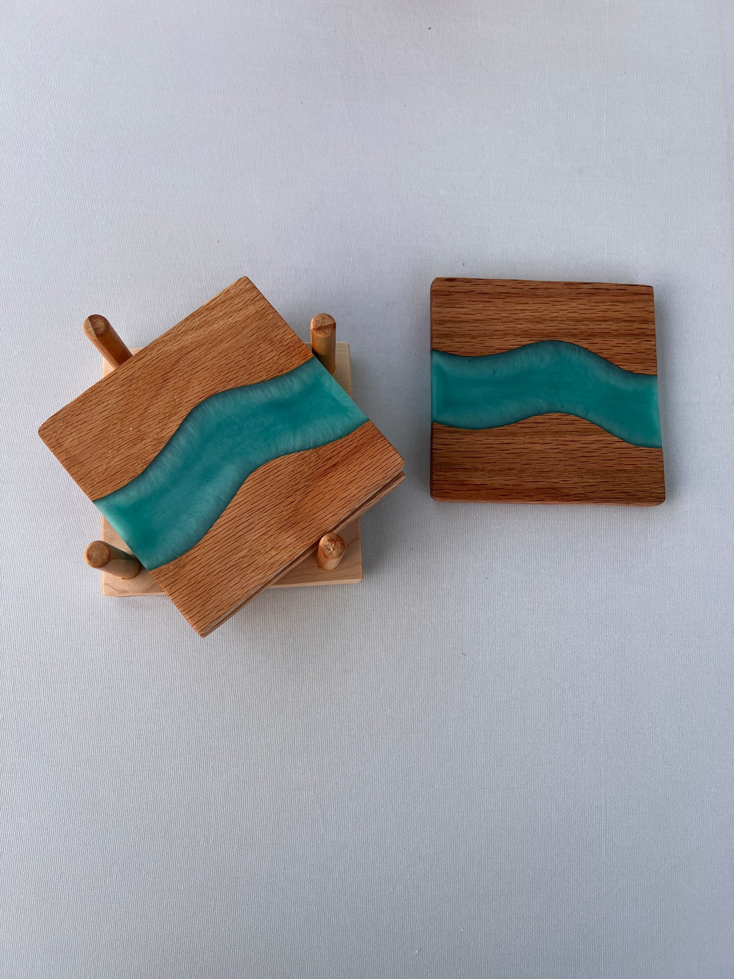 4 Piece Wood and Resin Coaster Set with holder