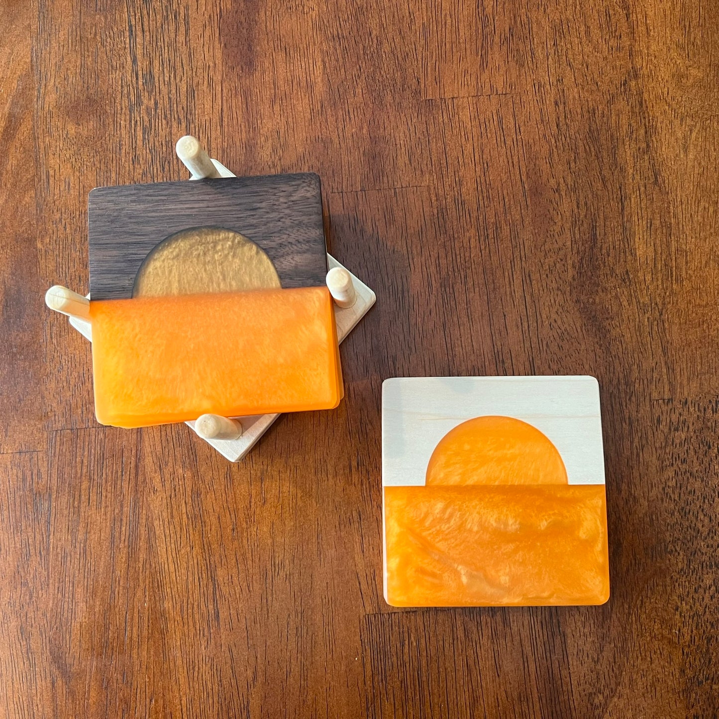4 Piece Wood and Resin Coaster Set with holder