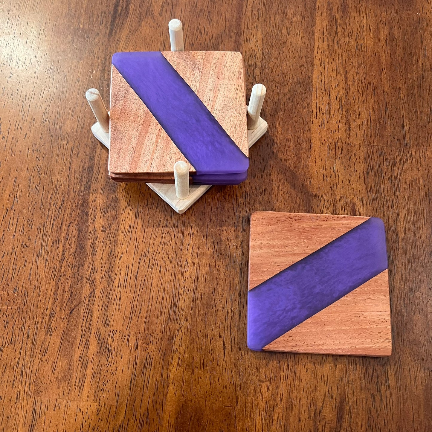 4 Piece Wood and Resin Coaster Set with holder