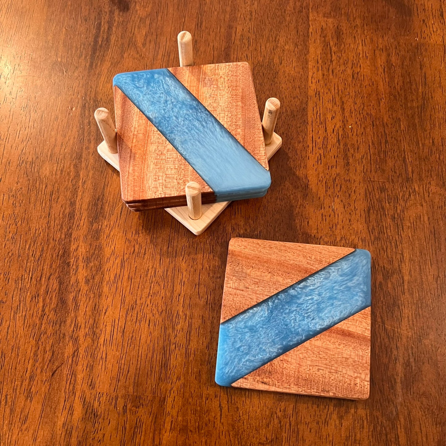 4 Piece Wood and Resin Coaster Set with holder