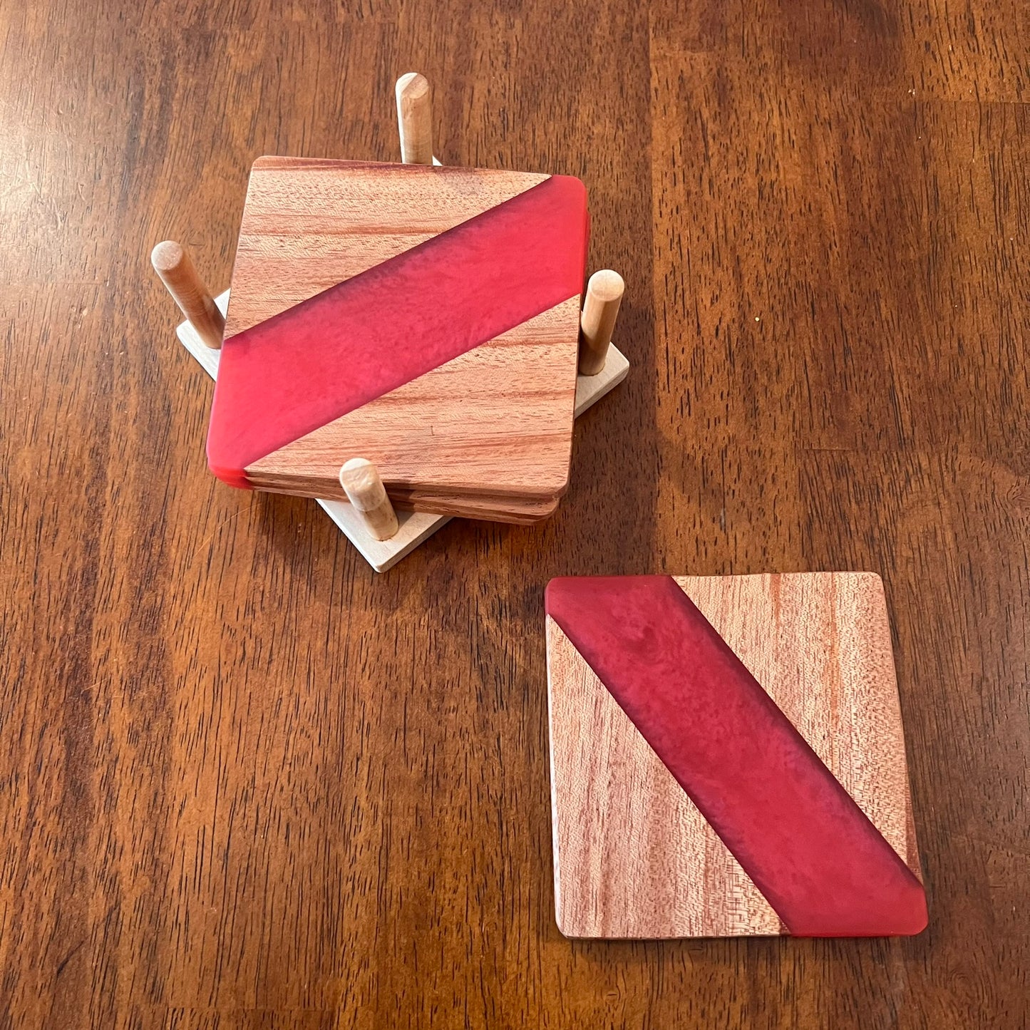 4 Piece Wood and Resin Coaster Set with holder