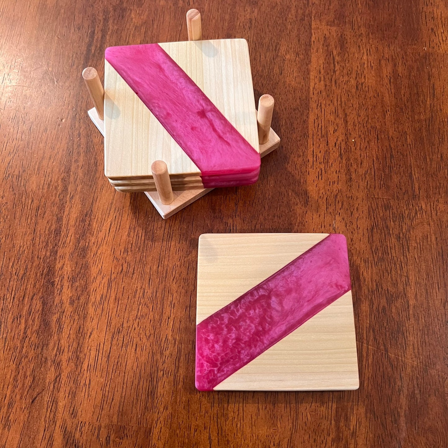 4 Piece Wood and Resin Coaster Set with holder