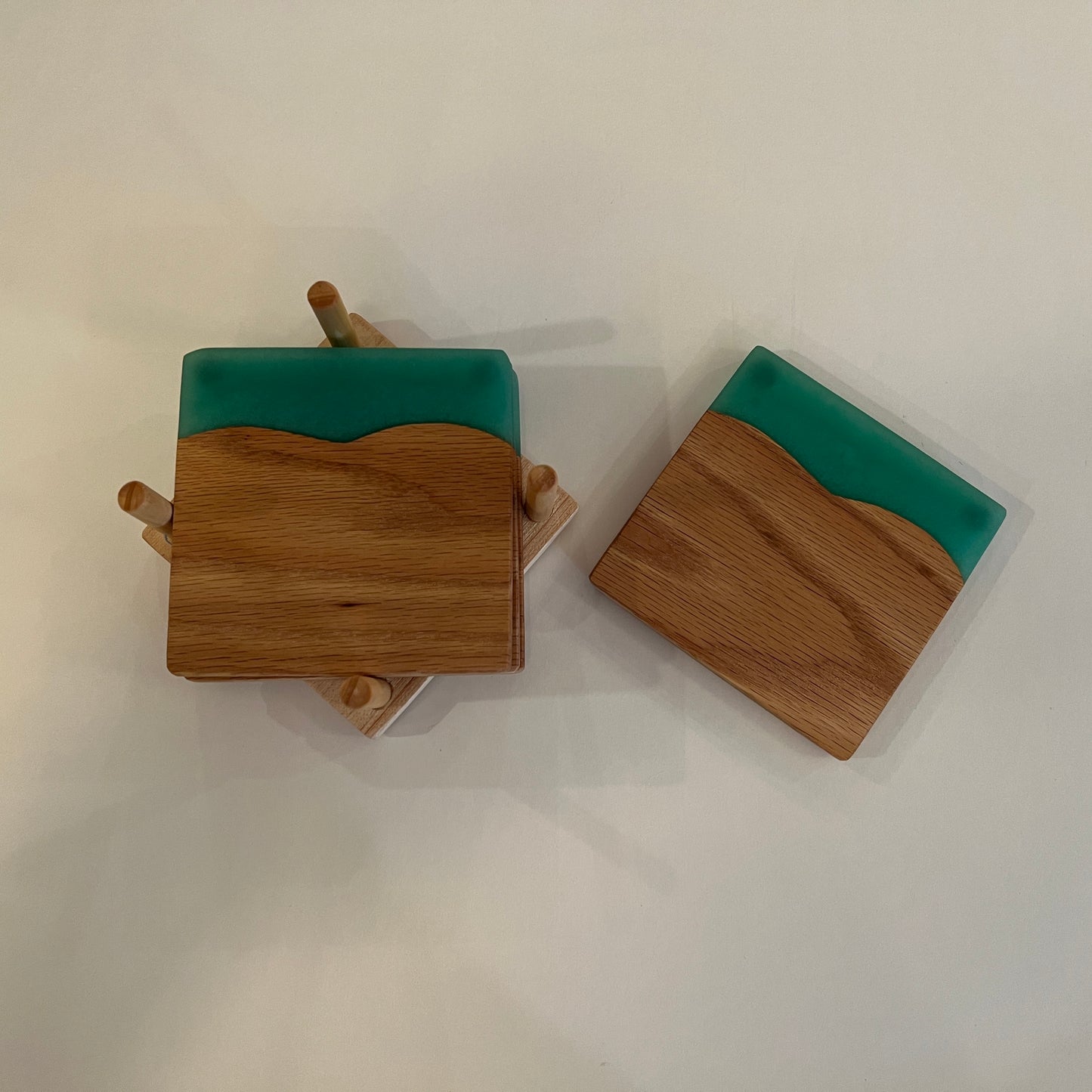 4 Piece Wood and Resin Coaster Set with holder