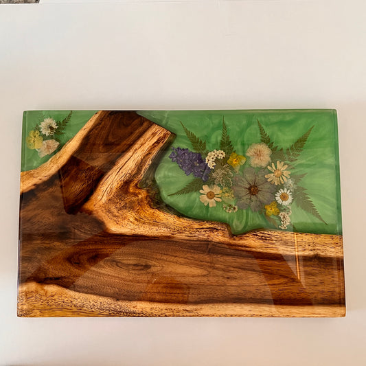 Koa, Green Resin,  and Dried Flowers Charcuterie Board
