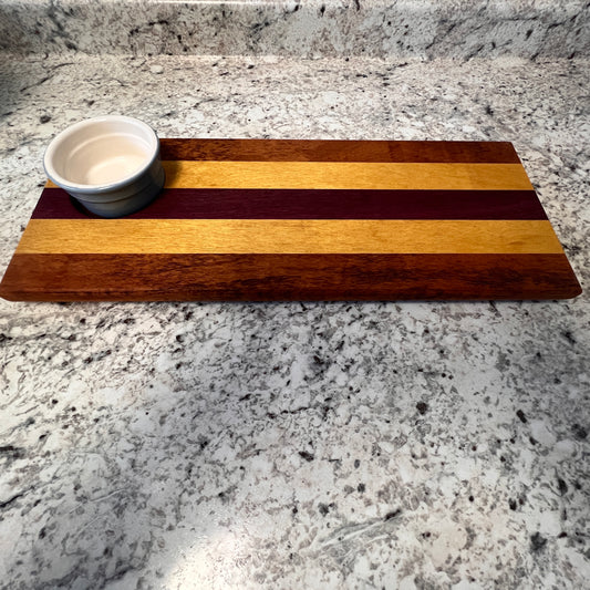 STR6 Tiger Wood, Yellow Heart, and Purple Heart Charcuterie Board with Ceramic Ramekin