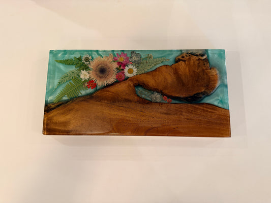 Green Resin Koa and Dried Pressed Flowers Charcuterie Board