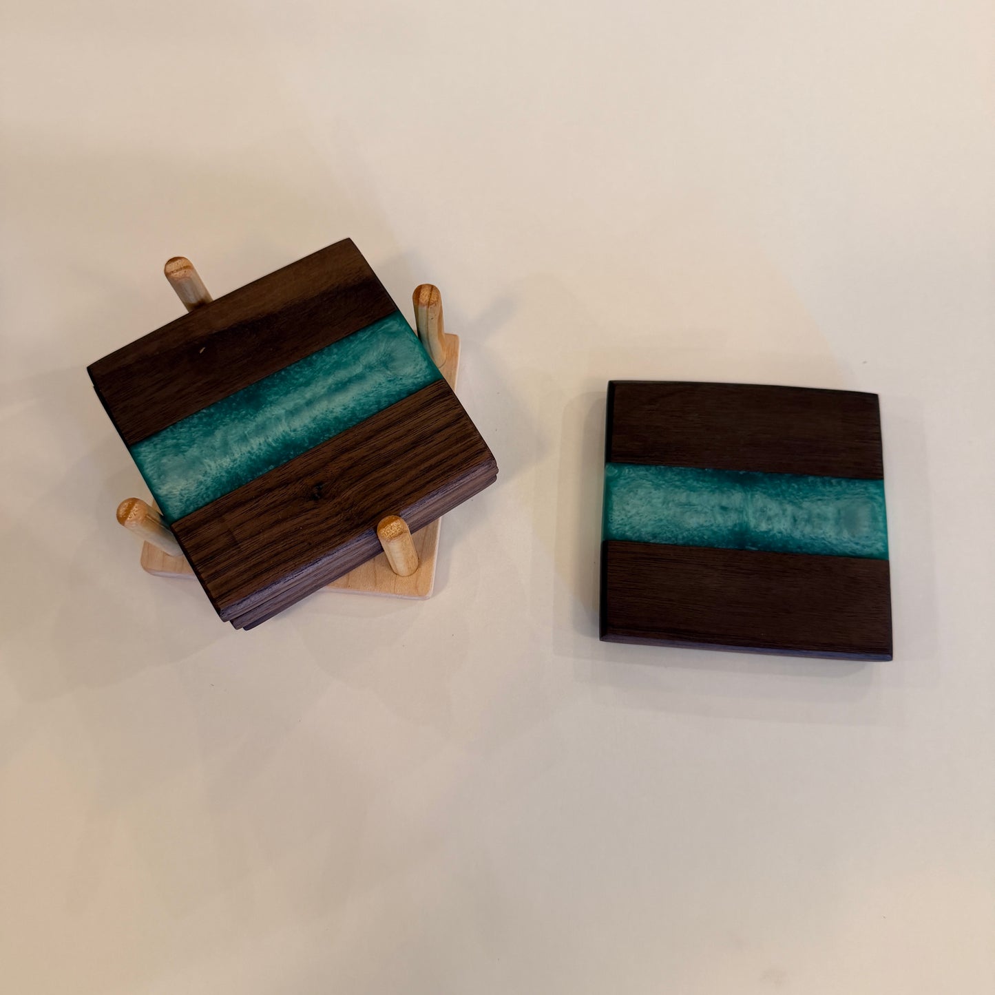 4 Piece Wood and Resin Coaster Set with holder