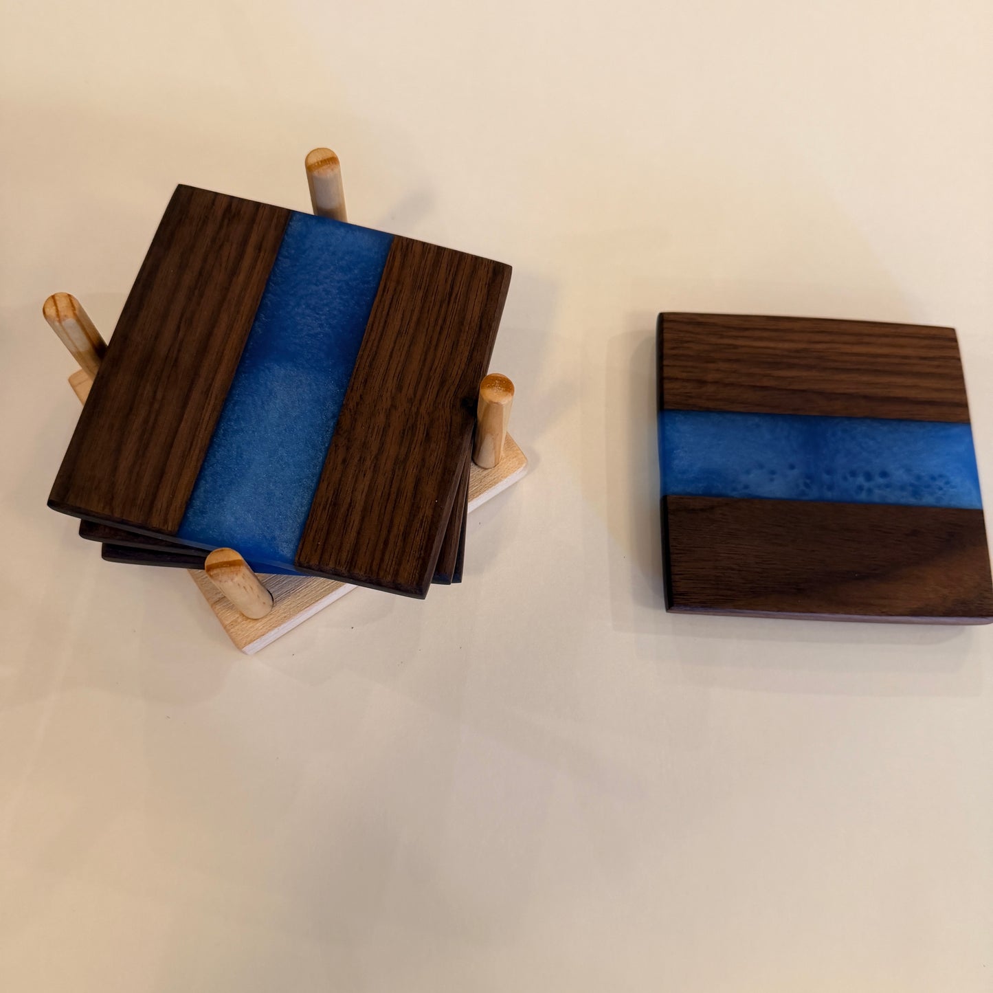 4 Piece Wood and Resin Coaster Set with holder