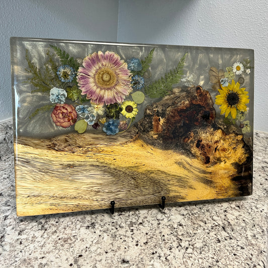 Koa, Grey Resin,  and Dried Flowers Charcuterie Board