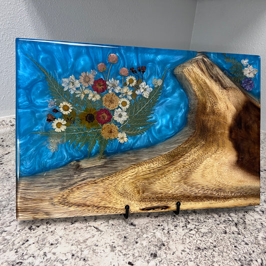 Koa, Blue Resin,  and Dried Flowers Charcuterie Board