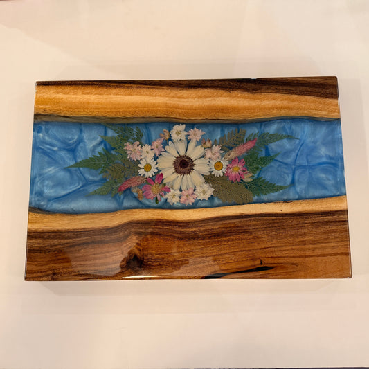 Large Maui Island Koa Charcuterie Board with Dried Flowers and Blue Resin