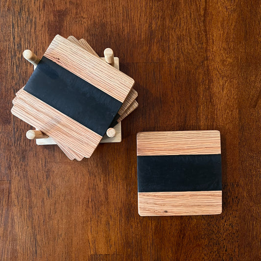 4 Piece Wood and Resin Coaster Set with holder