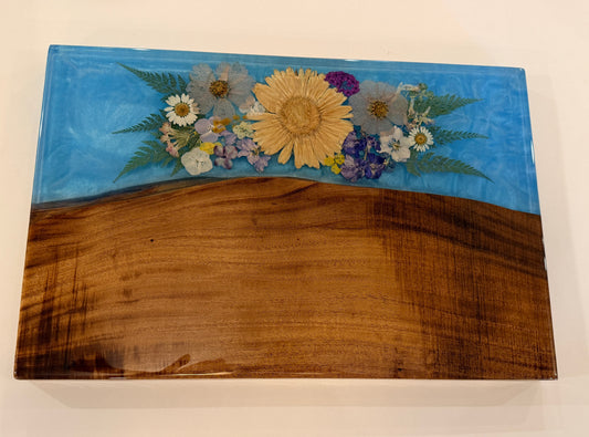 Large Maui Island Koa Charcuterie Board with Dried Flowers and Blue Resin