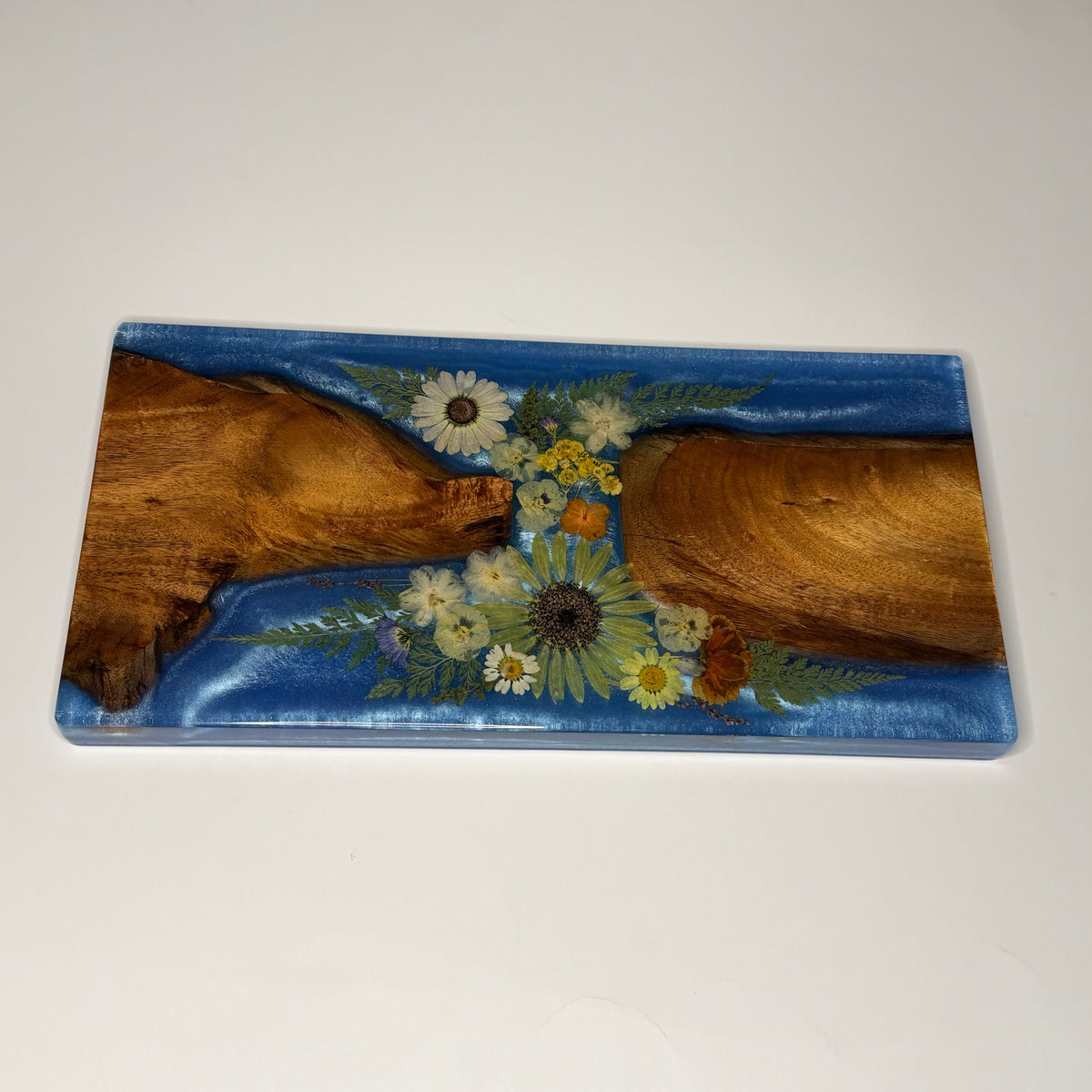 Maui Koa and Dried Pressed Flowers in a Blue Food Safe Resin Charcuterie Board