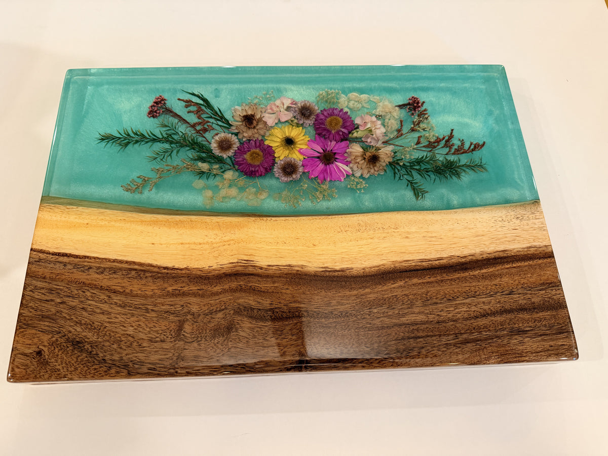 Koa, Green Resin,  and Dried Flowers Charcuterie Board