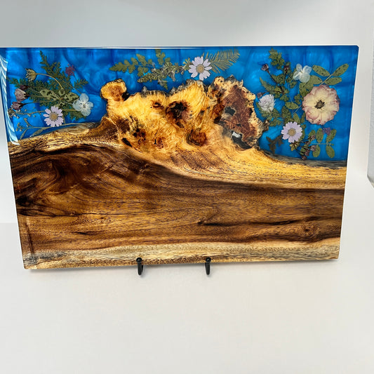 Large Koa Burl Charcuterie Board with Dried Flowers and Blue Resin